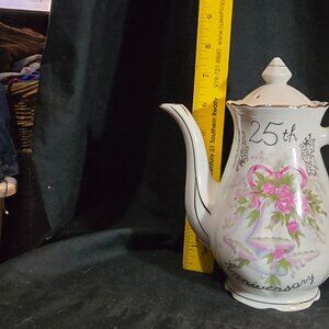 Vintage 25th Anniversary Teapot Floral Design Gold Trim Decorative Japan Porcela